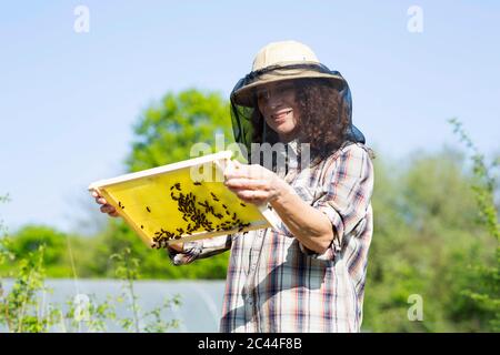 Lächelnd reife Imkerin, die an sonnigen Tagen Waben gegen den Himmel hält Stockfoto