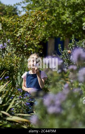 Mädchen trägt Gänseblümchen Kranz in Zuteilung Garten riecht an Blume Stockfoto