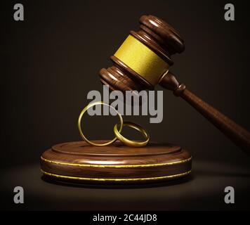 Eheringe und Gavel auf dunklem Hintergrund. 3D-Illustration. Stockfoto