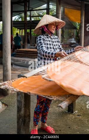 Frau, die Nudeln zu Hause produziert, Ho Chi Minh, Vietnam Stockfoto