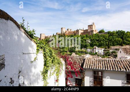 Blick auf die Alhambra vom Mirador de los Carvajales - Granada, Spanien Stockfoto