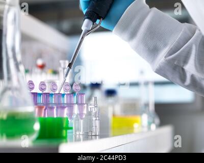 7/8 Hand der männlichen Wissenschaftler das Pipettieren von DNA-Proben in Röhrchen für Experiment im Labor Stockfoto
