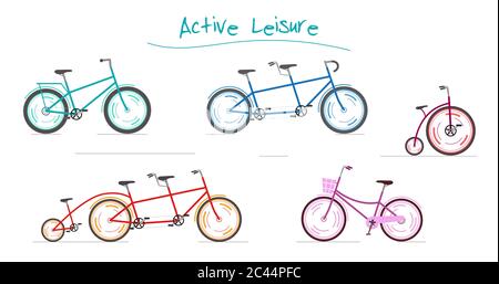 Aktive Freizeit. Große Reihe von verschiedenen Fahrrädern. Blaues Tandem, Zirkus-Fahrrad, Familienrad und rosa Damenfahrrad. Vektor-Illustration in modernem flachen Stil. Stock Vektor