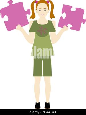 Illustration Mädchen Halten Riesige Puzzle-Stücke Stockfoto