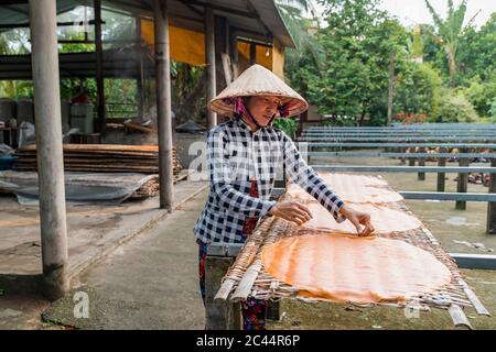 Frau, die Nudeln zu Hause produziert, Ho Chi Minh, Vietnam Stockfoto