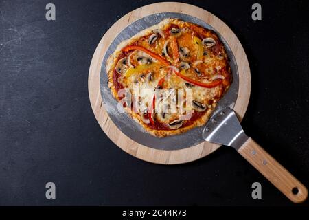 Studio Schuss von hausgemachten vegetarischen Pizza mit Mozzarella, Pilze, Paprika und Zwiebeln Stockfoto