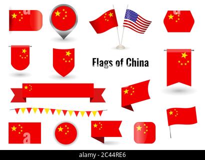 Die Flagge Chinas. Große Reihe von Symbolen und Symbolen. Quadratische und runde China Flagge. Sammlung von verschiedenen Fahnen der horizontalen und vertikalen. vektor illustrr Stock Vektor
