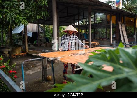 Frau, die Nudeln zu Hause produziert, Ho Chi Minh, Vietnam Stockfoto