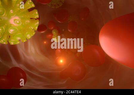 3D-gerenderte Darstellung von roten Blutkörperchen und Coronavirus im Blutkreislauf Stockfoto
