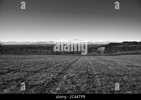 Graustufenaufnahme der Felder mit dem Hintergrund des Schneebedeckter Berg Stockfoto