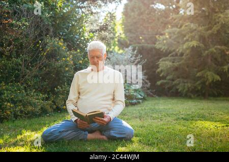 Senior Mann liest ein Buch im Garten Stockfoto