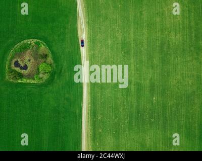 Russland, Moskau Oblast, Luftaufnahme des Autos vorbei kleinen Teich in grünen Landschaft Feld Stockfoto