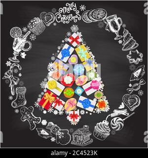 Weihnachten und Neujahr Vorlage. Vektor-Poster mit handgezeichneten Symbolen. Geschenkschachteln bilden Weihnachtsbaum Stock Vektor