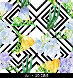 Aquarell weiß und violett Freesia Blume auf schwarz und weiß geometrischen Hintergrund. Nahtloses Hintergrundmuster. Stockfoto
