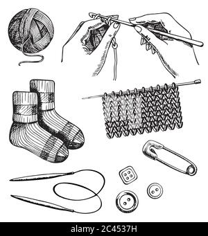 Stricken und Häkeln Set Vektor-Tinte handgezeichnete Illustration Stock Vektor