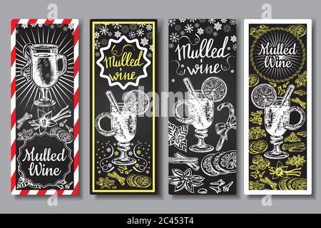 Handgezeichnete Glühwein Vektor Banner Set. Schwarz-weiße Skizzenposter mit Weinglas. Menükarten Design Vorlagen im Retro Vintage Stil Stock Vektor