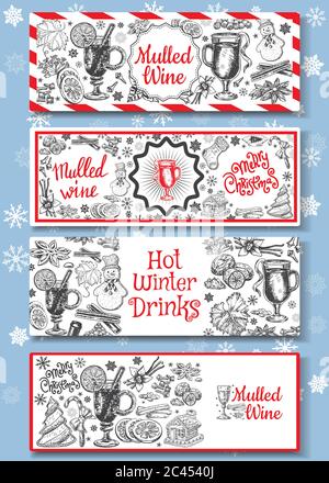 Handgezeichnete Glühwein Vektor Banner Set. Schwarz-weiße Skizzenposter mit Weinglas. Menükarten Design Vorlagen im Retro Vintage Stil Stock Vektor