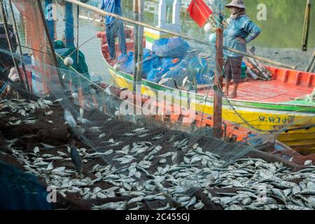 Eine Fischerfamilie am Fischerhafen am Golf von Thailand im Ban Laem Bezirk in der Nähe der Stadt Phetchaburi oder Phetburi in der Provinz Stockfoto