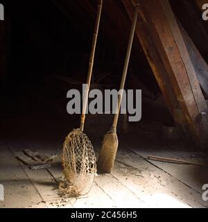 Schmetterlingsnetz auf einem alten Dachboden, Frankreich Stockfoto