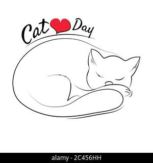 Internationaler Cat Day Vektor Umriss, schlafende Katze Stock Illustration Stock Vektor