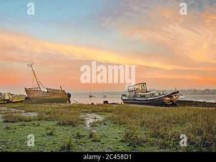 Blick auf Schiffswracks in Pin Mill am Fluss Orwell, außerhalb von Ipswich, Suffolk, Großbritannien. Berühmt für seine Schiffswracks und ideal für Fotografen. Stockfoto