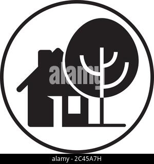 Schwarze Haus-Symbole. Symbol für die Gebäudelinie mit Baum. Vektorgrafik. Stock Vektor