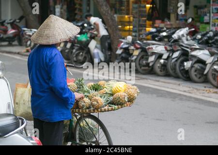 HANOI, VIETNAM - 20. MÄRZ 2017: Ananas-Verkäufer auf einer Straße in Hanoi, Vietnam. Stockfoto