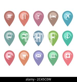 Ort Pin Pointer Vektor mit Café, Restaurant, Hotel, Bus-Symbole gesetzt. Ortsmarkierungen mit Flughafen-, Bahnhof-, Bank-, Krankenhaus-Schildern. Stock Vektor