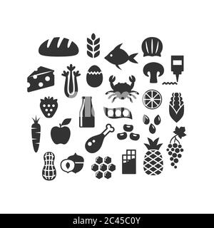 Lebensmittel, Obst, Gemüse und Milchprodukte schwarz isoliert Vektor-Symbol-Set. Lebensmittel Zutaten, Fleisch, Meeresfrüchte, Nüsse Glyphe Silhouette Symbole. Stock Vektor