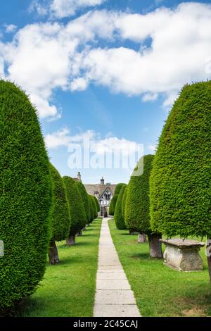 St Marys Kirche lychgate und Eibenbäume im Sonnenlicht. Painswick, Cotswolds, Gloucestershire, England Stockfoto