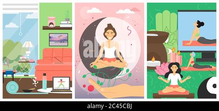 Yoga-Kurse für Frauen, Vektor-Poster-Vorlage-Set Stock Vektor