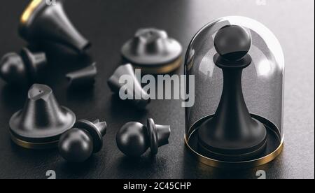 3D-Darstellung von gebrochenen Bauern und einer durch eine Glaskuppel geschützt. Impfungs- und Impfkonzept. Stockfoto