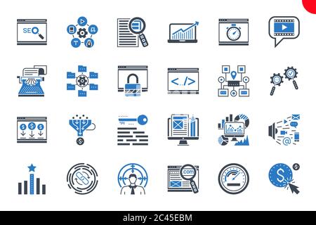Seo Thin Line ähnliche Symbole gesetzt auf weißem Hintergrund. Stock Vektor