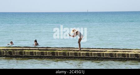 Worthing UK 24. Juni 2020 - EINE Dame in einem großen Sonnenhut macht einige Fotos, wie Menschenmassen treffen die Strände in Ferring in der Nähe von Worthing in West Sussex heute, wie sie die Hitzewelle Wetter mit Temperaturen bis zu 30 Grad in einigen Teilen des Südostens genießen : Credit Simon Dack / Alamy Live News Stockfoto