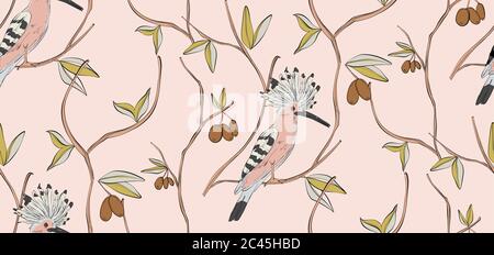 Nahtloses Vogelmuster, Kinderzimmer-Print. Trendy rosa floralen Hintergrund Vektor Wiedehopf kleine Vögel auf Baum mit Beeren Muster. Kinderzimmerdekoration, Klo Stock Vektor