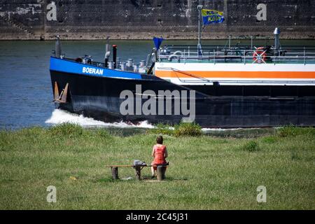 Köln, Deutschland. Juni 2020. Eine Frau genießt die Sonne auf den Pollerwiesen am Rheinufer, wenn ein Frachtschiff vorbeifährt. Quelle: Henning Kaiser/dpa/Alamy Live News Stockfoto