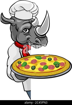 Rhino Pizza Chef Cartoon Restaurant Maskottchen Zeichen Stock Vektor