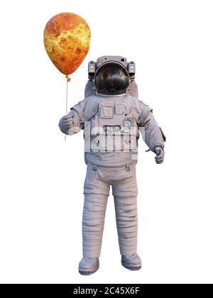 astronaut mit Planet Venus Ballon isoliert auf weißem Hintergrund Stockfoto