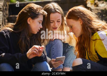 Drei Teenager-Mädchen sitzen im Freien und überprüfen ihre Handys. Stockfoto