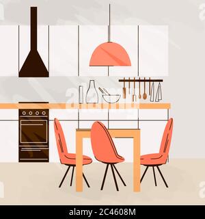 Vektor-flache Illustration der modernen Küche Interieur leer No People House Zimmer mit Küchenmöbeln, Tisch, Stühlen und Esstisch. Stock Vektor