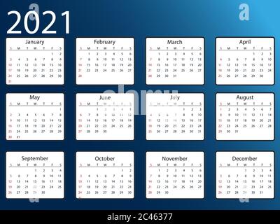 2021 Kalender, Woche beginnt Sonntag. Vektorgrafik, flache Ausführung. Stock Vektor