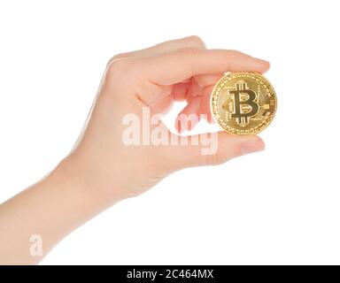 Hand hält Bitcoin auf weißem Hintergrund close-up Stockfoto