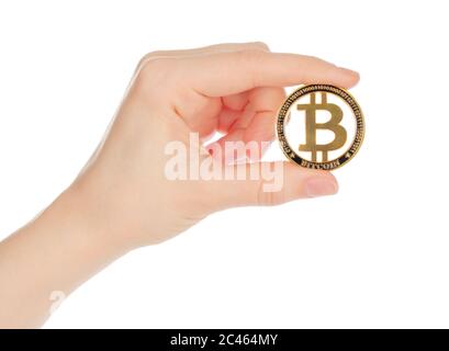 Hand hält Bitcoin auf weißem Hintergrund close-up Stockfoto