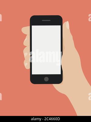 Hand mit Smartphone auf rotem Grund. Flaches Design-Vektor-illustration Stock Vektor
