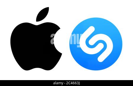 Kiew, Ukraine - 12. März 2019: Populäre Markenlogos auf Papier gedruckt: Apple ios und Shazam. Apple bestätigt, dass es Shazam erworben hat Stockfoto