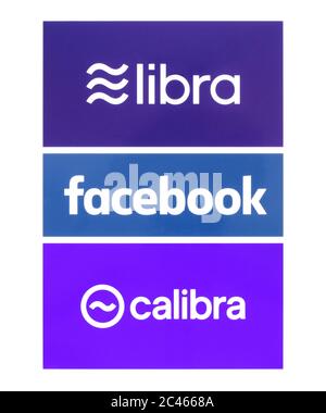 Kiew, Ukraine - 19. Juni 2019: Facebook, Calibra und Waage Logos auf Papier gedruckt. Libra ist eine von der vorgeschlagene genehmigte virtuelle Blockchain-Währung Stockfoto