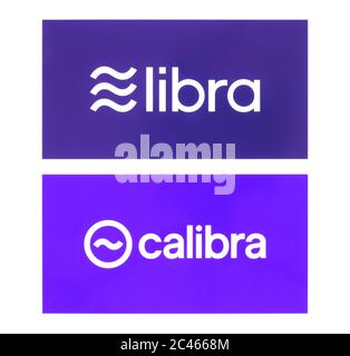 Kiew, Ukraine - 19. Juni 2019: Calibra und Waage-Logos auf Papier gedruckt. Facebook startet Libra, seine eigene Kryptowährung. Calibra ist ein neuer digitaler Wal Stockfoto