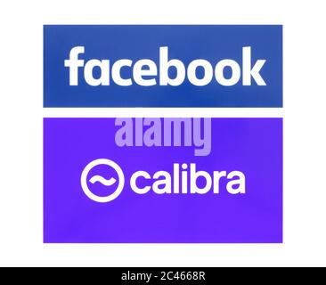 Kiew, Ukraine - 19. Juni 2019: Facebook und Calibra-Logos auf Papier gedruckt. Facebook startet Libra, seine eigene Kryptowährung. Calibra ist eine neue digitale Stockfoto