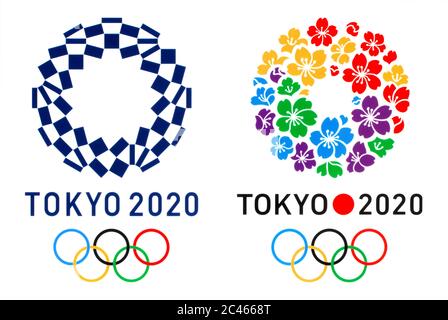 Kiew, Ukraine - 04. Oktober 2019: Offizielles Logo der Olympischen Sommerspiele 2020 in Tokio und Logo der Kandidatin von Tokio, gedruckt auf Papier Stockfoto