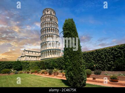 Blick auf den romanischen Schiefen Turm von Pisa, den Glockenturm, Piazza del Miracoli, Pisa, Italien Stockfoto